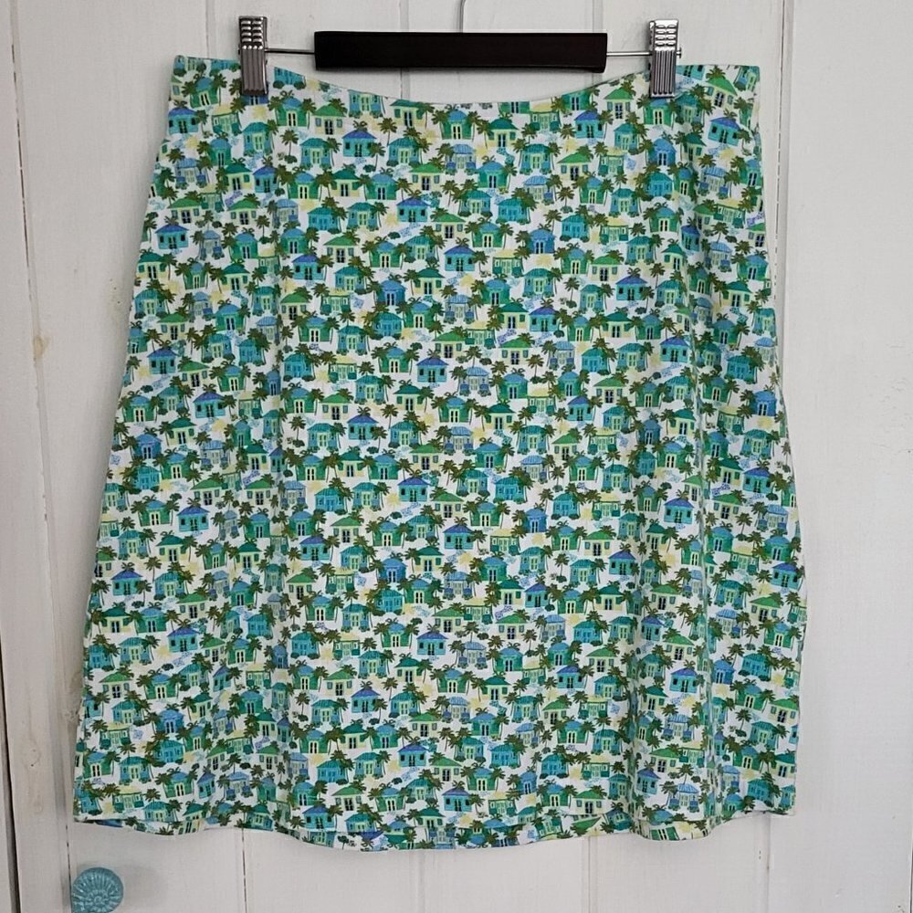 Tropical Island House Print Cotton Blend Mini Skirt Size Medium